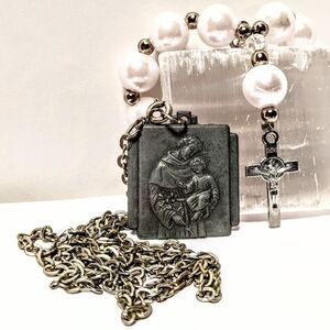 Vtg 4" rosary INRI cross Jesus + St Anthony Pray for Us necklace silver tone